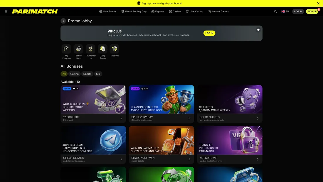 Página de promociones de Parimatch con la lista de bonos vigentes